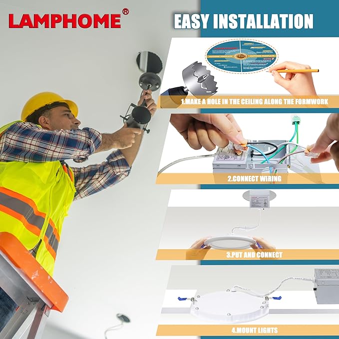 6-Pack of 6-Inch Slim LED Recessed Lights with Junction Box, Adjustable Color Temperatures (2700K-5000K), 12W Equivalent to 110W, Dimmable, 1050LM Brightness - ETL and Energy Star Certified