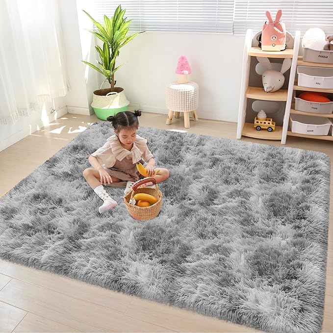 Tie Dye Grey Fluffy Rug for Bedroom 4x6ft Soft Shag Area Rug Mat Bedside Throw Rug for Living Room Kids Room Boys Teens Nursery Baby Dorm Office Home Decor Carpets