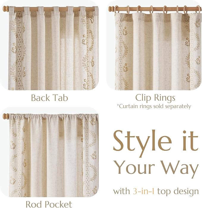 jinchan Belrose Linen Curtains for Bedroom Floral Curtains 90 Inch Length Linen Blend Beige Embroidered Drapes Farmhouse Flower Patterned Drapes for Living Room Window Treatments Set 2 Panels