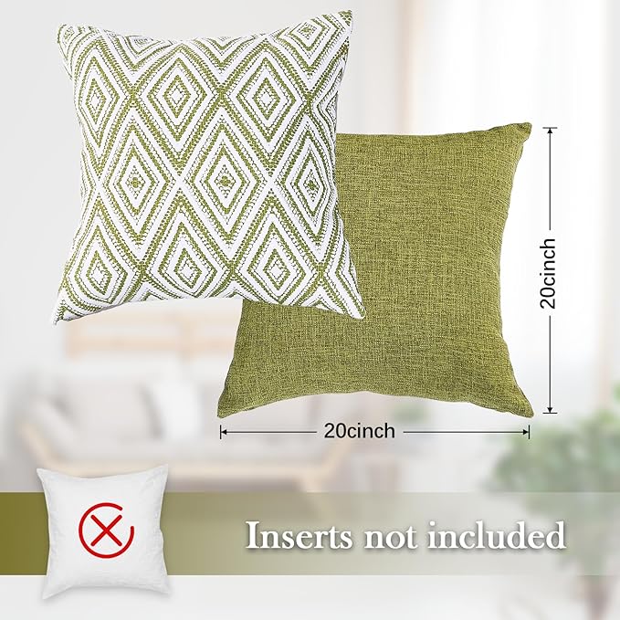 HPUK Decorative Throw Pillow Covers Set of 4 Geometric Design Linen Cushion Cover for Couch Sofa Living Room, 20"x20" inches, Green