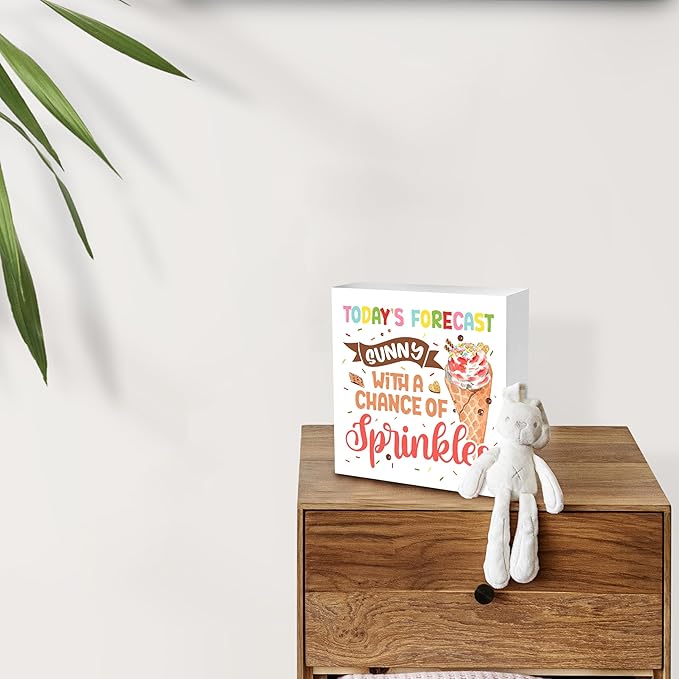 Summer Decor,Today’s Forecast Sunny With A Chance Of Sprinkles,Ice Cream Decor,Wooden Plaque Sign Box For Desk Home Bedroom Office 5x5 Inches.(062)