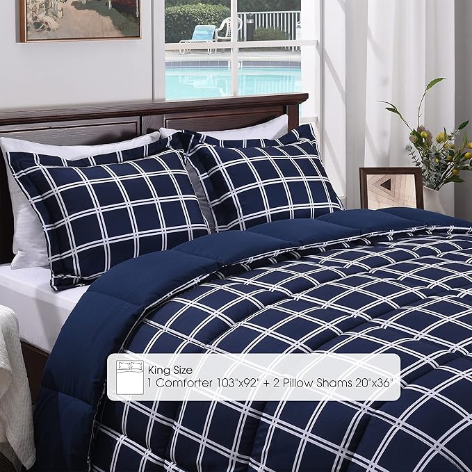 Basic Beyond King Comforter Sets 3 Piece Double-Line Plaid Lightweight Microfiber Down Alternative Comforter for All Season (1 Grid Comforter with 2 Pillowcases, Navy/White)
