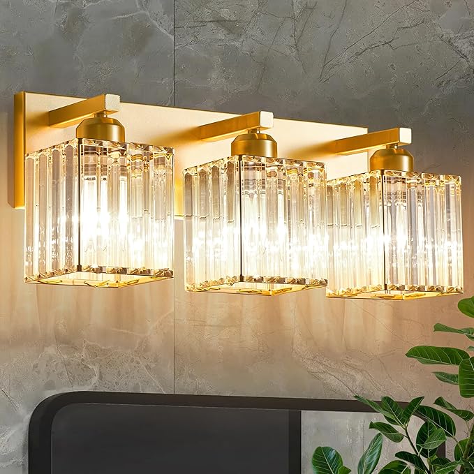 Bathroom Vanity Light Fixtures Over Mirror - Makeup Lighting Pure Gold - for Modern Wall, Bath, Desk, Farmhouse, Hallway 3 Crystal Lights