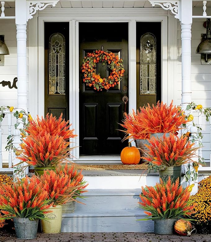 Faux Fall Flowers for Outside,Artificial Plants Outdoor, UV Resistant Faux Monkey Grass Greenery Stems Faux Plastic Flowers Shrubs for Home Weddings Garden Porch Front Patio Office Decor(Orange)