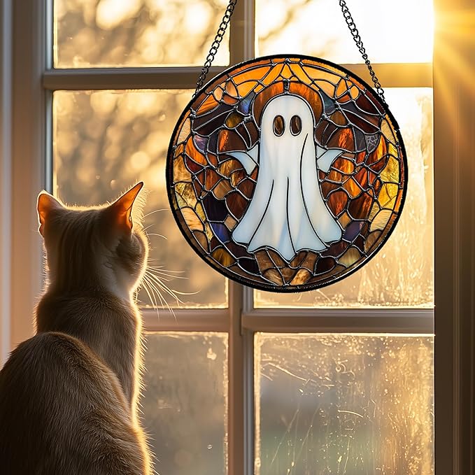 Stained Glass Window Hanging Halloween White Horror Ghost Large 15" - Suncatcher Door Garden Kitchen Sun Catcher Home Gothic Decor Birthday for Mom Men Woman Friend Grandma