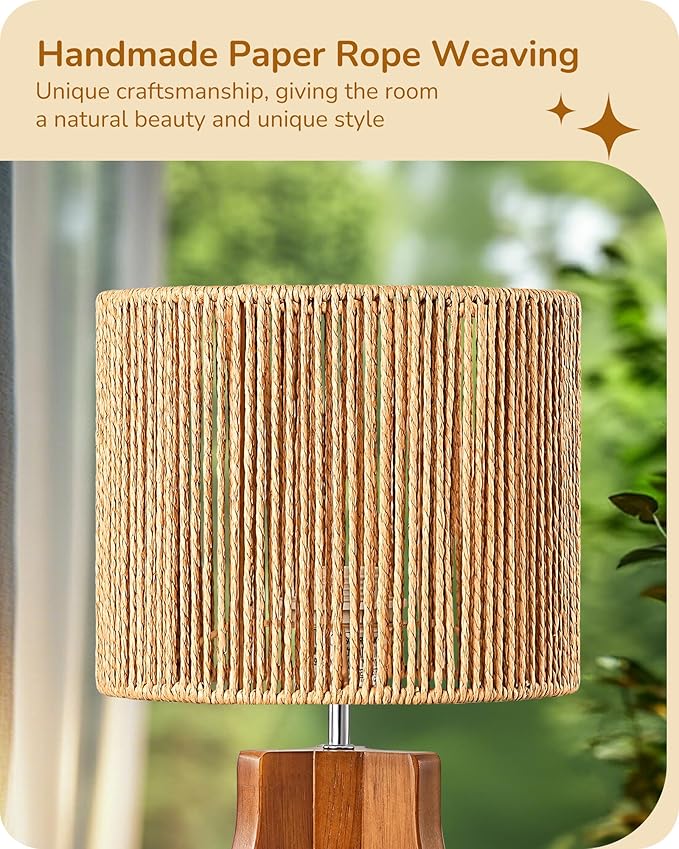 EDISHINE 14.6" Rattan Table Lamp, Rose Wood Tripod Nightstand Lamp, Handwoven Paper Rope Shade, Small Bedside Lamp for Bedroom Living Room, Office, On-Off Line Switch, E26 Base(Bulb Not Included)