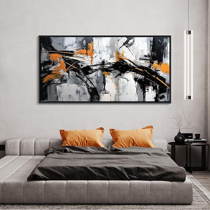 Framed Large Abstract Canvas Wall Art Modern Wall Art for Living Room - Canvas Wall Decor for Office and Home - Framed Artwork for Walls Black, White, Gray and Unique Orange Accents 29×58in