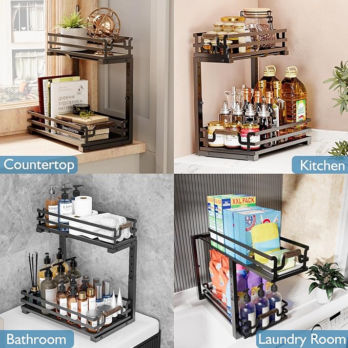 Under Sink Organizers, 2 Tier Slide Out Under Sink Organizers, Under Sink Storage for Bathroom Kitchen (1 Pack)