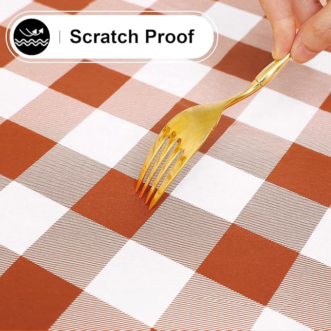 misaya Square Waterproof Vinyl Table Cloth, Buffalo Flannel Backed Tablecloth, Wipeable Plastic Table Cover for Fall, Thanksgiving, (60" x 60", Rust and White)