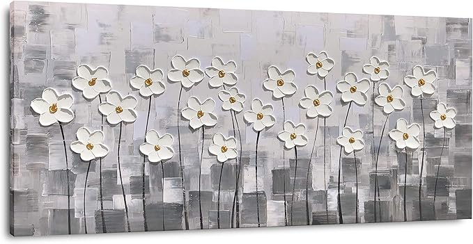 Yihui Arts Canvas Wall Art Grey and White Flowers Pictures Blossom Modern Floral Pallet Knife Painting Framed for Bedroom Kitchen Dinning Room Living Room Office Home Decor
