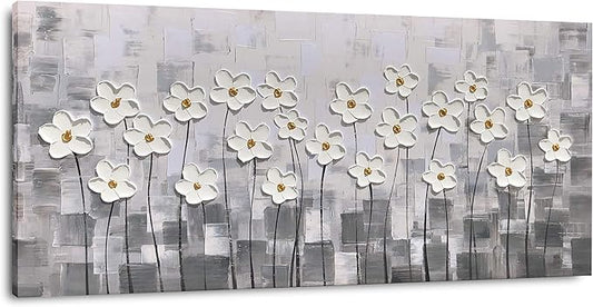 Yihui Arts Canvas Wall Art Grey and White Flowers Pictures Blossom Modern Floral Pallet Knife Painting Framed for Bedroom Kitchen Dinning Room Living Room Office Home Decor