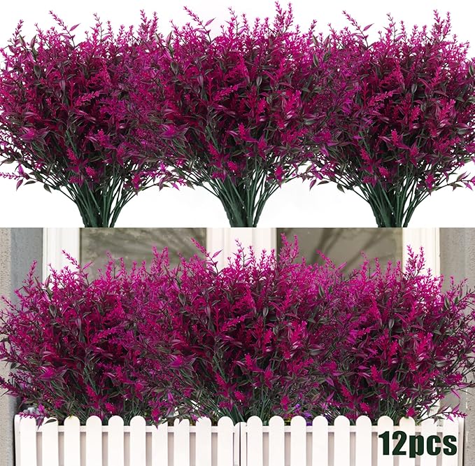 Outdoor Artificial Plant UV Resistant Fake Stems Plants, Faux Plastic Greenery for Indoor Outside Hanging Plants Garden Porch Window Box Home Wedding Farmhouse Outdoor Decorations for Patio(Fuchsia)