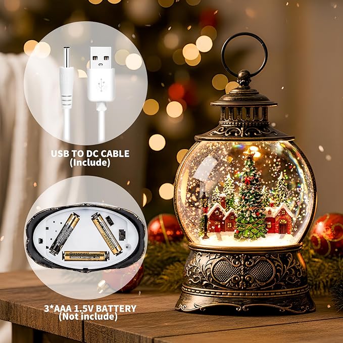 Christmas Village Snow Globe Lighted Christmas Tree and Village Scene, Musical Snow Water Lantern Swirling Glittering Home Decoration and Gift, Battery Operated or USB Powered