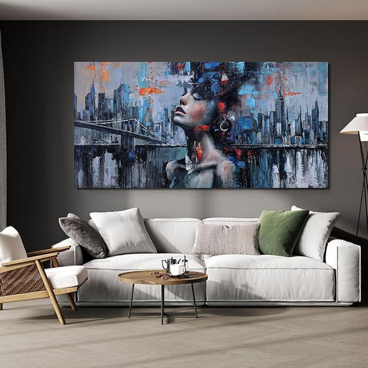 Navy Blue Abstract Wall Art Woman Picture for Living Room Modern Home Bedroom Decoration New York City Framed Cityscape Artwork Decor 24x48IN