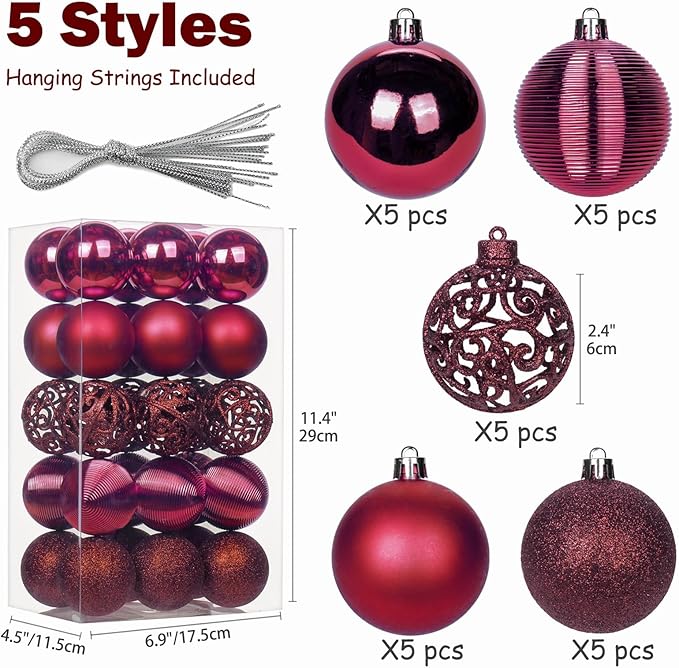 30PCS 2.36" Christmas Ball Ornaments Shatterproof Burgundy Christmas Tree Decorations Xmas Tree Balls Halloween Ornaments Décor