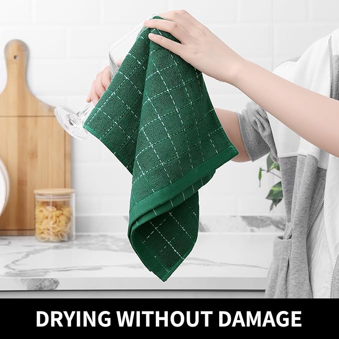 Homaxy 100% Cotton Terry Kitchen Towels(Dark Green, 13 x 28 inches), Checkered Designed, Soft and Super Absorbent Dish Towels, 6 Pack
