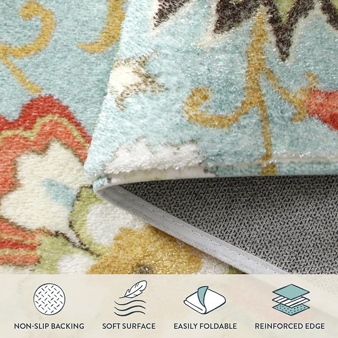 Lahome Machine Washable Floral Living Room Rug - 5x7 Area Rugs for Bedroom Non-Slip Large Low-Plie Soft Throw Nursery Kids Room Carpet Distressed Indoor Carpet for Dining Room Entryway Office