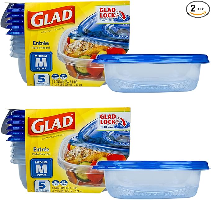 Glad GladWare Entrée Food Storage Containers, Medium Square - Meal Container Holds up to 25 Ounces of Food - Lock Tight Seal, 5 Count - 2 Pack