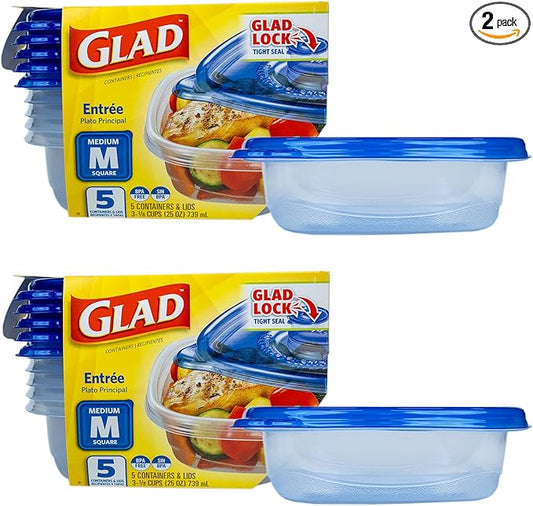 Glad GladWare Entrée Food Storage Containers, Medium Square - Meal Container Holds up to 25 Ounces of Food - Lock Tight Seal, 5 Count - 2 Pack