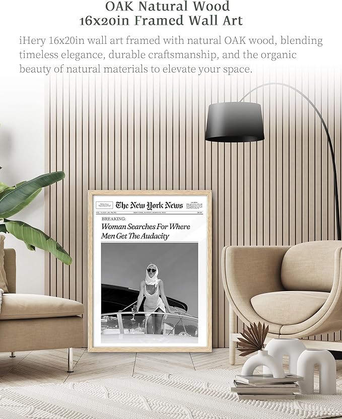 iHery Woman Searches For Where Men Get The Audacity Poster Newspaper Framed Wall Art, Natural OAK Wood Trendy Large 16x20 in Canvas Wall Art Décor For Bedroom Living Room Bathroom Set of 1