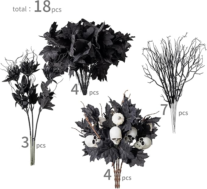 18pcs Fake Plants Outdoor, Halloween Maple Pumpkin Branch, Autumn Artificial White Pumpkins Stem with Black Maple Leaves, Faux Maple Leaves Spray for Halloween Thanksgiving Home Deocr(Black)