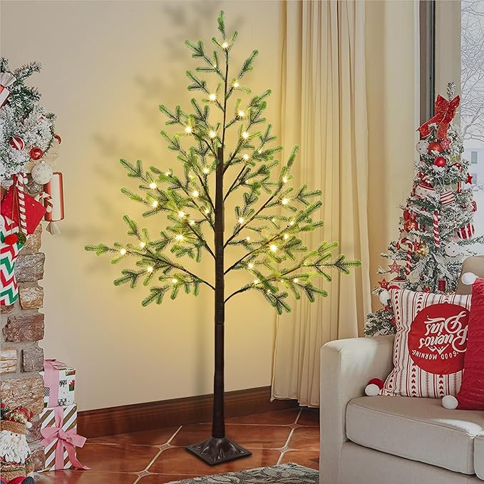 DR.DUDU 5 FT Christmas Tree with Lights, Pre-lit Artificial Xmas Trees Small Green Christmas Tree with Realistic Branch Warm LED for Home Bedroom Corner Outdoor Indoor Holiday Decorations