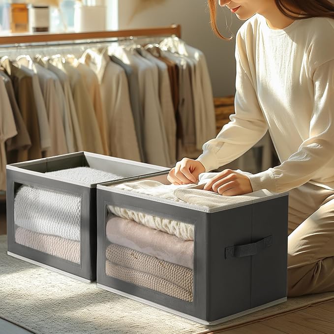 Storage Boxes with Lids - 3 Pack Fabric Clear Window Storage Bins, Collapsible Storage Bins with Lids, Linen Closet Organizer for Clothes, Towel, Blanket, Dark Grey
