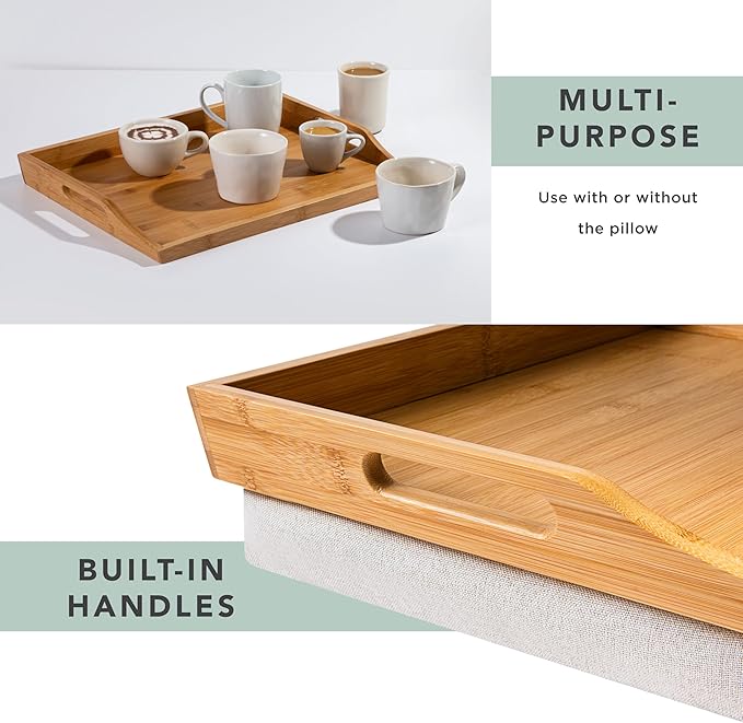 ROSSIE HOME Bamboo Wood Bed Tray, Lap Desk with Detachable Cushion, Serving Tray - Natural - Fits up to 15.6 Inch Laptops - Style No. 76107