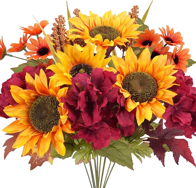 HUAESIN Artificial Fall Flowers for Decoration Fake Sunflowers with Hydrangea Foam Berries Fall Floral Arrangements for Home Table Kitchen Bedroom Farmhouse Thanksgiving Decorations