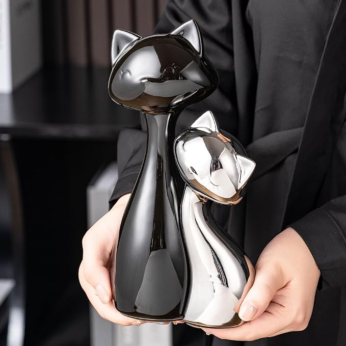 Ceramic Cat Statue Set, Black & Silver Cute Home Decor Figurines, Lucky Cats Desk Accessories for Cat Lovers, Memorial Cats Themed, Modern Collectible Decor for Bookshelf, Living Room