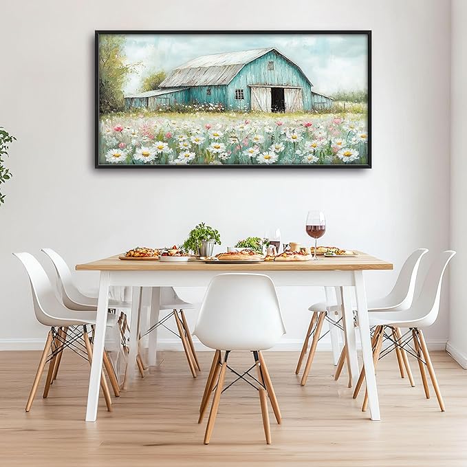 Farm Barn Large Wall Art for Living Room Framed, Farmhouse Wall Decor Pictures, Teal Barn Canvas Print Painting, Aesthetic Artwork Bedroom Office Home Decor 60"x30"