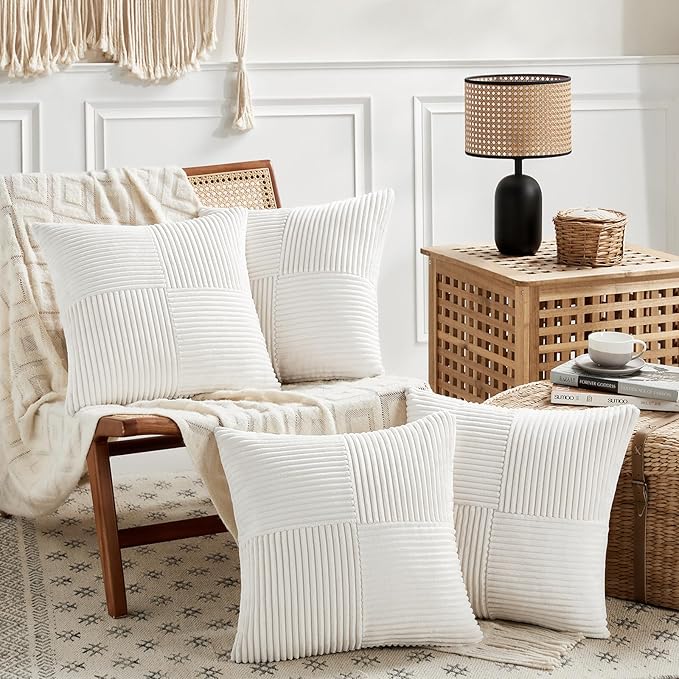 Fancy Homi 4 Packs Cream White Decorative Throw Pillow Covers 16x16 Inch for Living Room Couch Bed Sofa, Rustic Farmhouse Boho Home Decor, Soft Cross Patchwork Corduroy Textured Cushion Case 40x40 cm