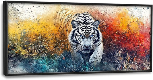 Extra Large Framed Abstract White Tiger Wall Art,Oversized Colorful Cool Tiger Wall Decor,Wild Animal Pictures for Living Room,Canvas Print Painting Modern Artwork Bedroom Office Bathroom 60L x30W