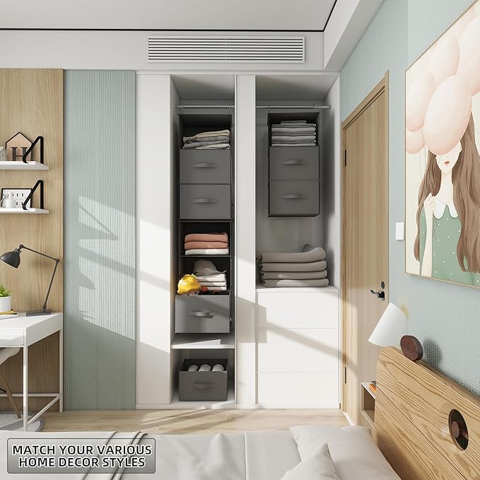 Twira 6-Shelf Hanging Closet Organizer, 2 Separable 3-Shelf Hanging Shelves, Hanging Storage with 3 Removable Drawers 4 Side Pockets, Storage Organizer for Closet, Nursery (Dark Grey)