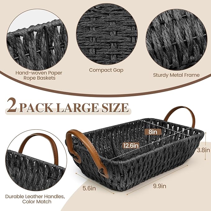 Paper Rope Woven Toilet Paper Basket, Small Wicker Storage Baskets for Organizing with Handles, Bedroom Decor Baskets Toilet Tank Shelf Storage Bins (Set of 2, Black)