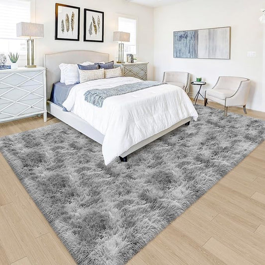 Tie Dye Grey Rug for Living Room 5x8ft Fluffy Modern Shag Area Rug Mat Bedside Throw Rug for Bedroom Kids Room Boys Teens Nursery Baby Dorm Office Home Decor Soft and Cozy Carpets