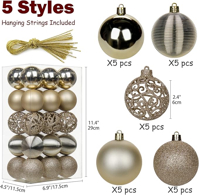 30PCS 2.36" Christmas Ball Ornaments Shatterproof Champagne Christmas Tree Decorations Xmas Tree Balls Halloween Ornaments Décor