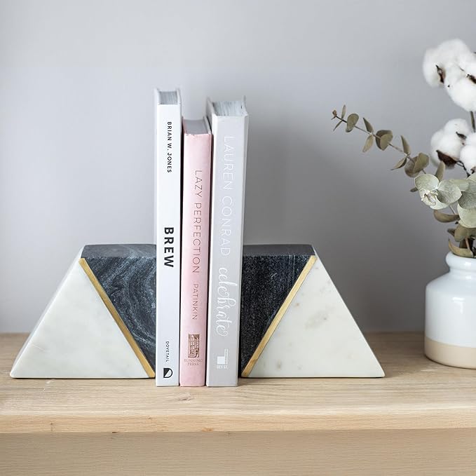 Cork & Mill Marble Book Ends for Shelves, Decorative Bookends for Heavy Books, Unique Mid Century Modern Gray and White Bookends with Brass Inlay, Heavy Duty Bookshelf Stopper, Set of 2