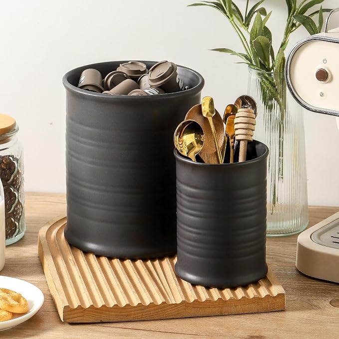 Nihow Utensil Holder: 7.2"+6.4" Ceramic Kitchen Utensil Holder for Countertop, Large Cooking Utensil Crocks for Kitchen Counter, Morden Utensil Organizer for Spatula, Set of 2, Elegant Matte Black