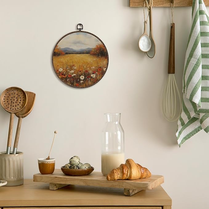 XNXLDYLH Vintage Fall Wildflower Round Framed Wall Art Decor, Rustic Farmhouse Harvest Hanging Wall Decor Decorations, Autumn Fall Floral Landscape Canvas Prints Wall Art Pictures Paintings, 10x10Inch