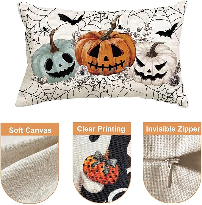 Baccessor Halloween Pillow Cover 12x20 Inch, Pumpkins Bats Spider Web Lumbar Pillow Case Halloween Decor for Cushion Sofa Couch Indoor Outdoor Decoration 1 Piece