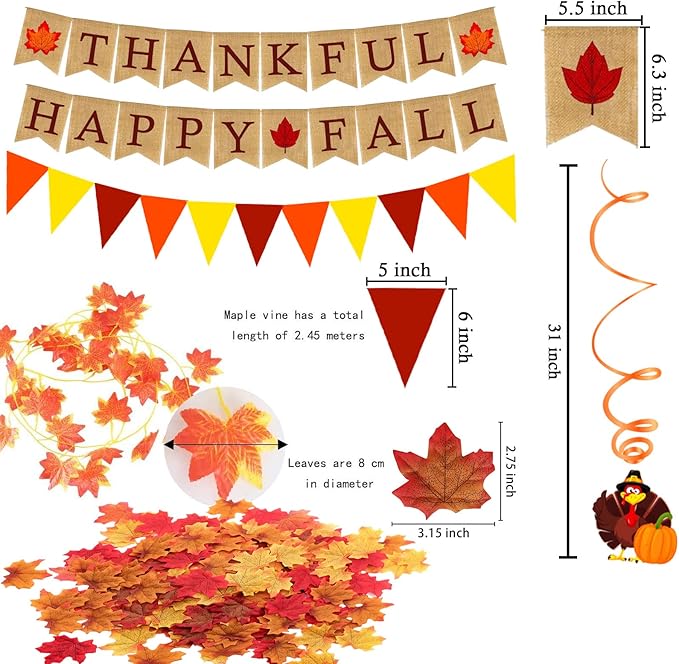 Thankful Happy Fall Burlap Banner Paper Triangular Bunting Maple Leaf Garland Plastic Streamer for Autumn Harvest Thanksgiving Day Party Decoration