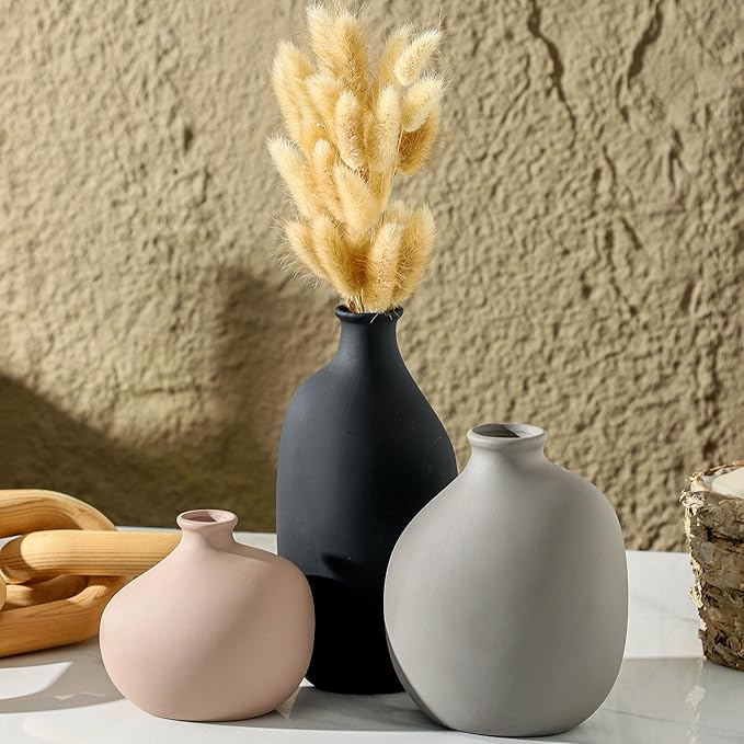 Ceramic Vase Set of 3, Modern Rustic Pottery Vases for Home Decor,Farmhouse Flower Vase for Pampas Grass, Dried or Fresh Flowers, Decorative Vases for Living Room, Bedroom, Bookshelf, or Table.
