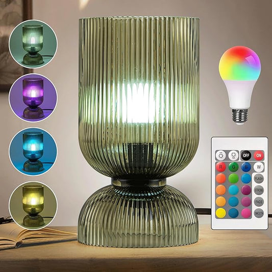 Modern RGB Glass Table Lamp with Remote，Color Changing Bedside Lamp with Green Glass Shade, 16 Colors, On/Off Cord Switch, Nightstand Lamp for Bedroom, Living Room, Office,Bulb Included