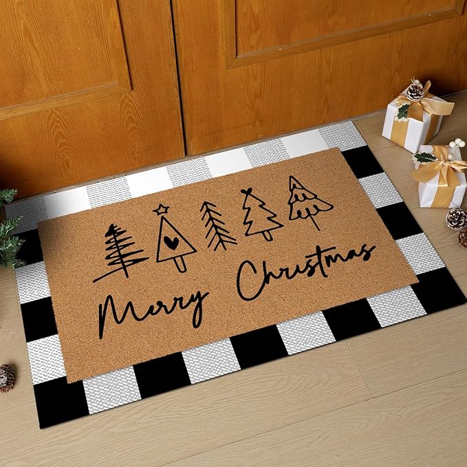 2 Pcs Merry Christmas Door Mat Xmas Tree Welcome Non Slip Coir Mats Heart Xmas Black White Buffalo Plaid Floor Layering Doormats Seasonal for Front Porch Entryway Decor(Christmas)