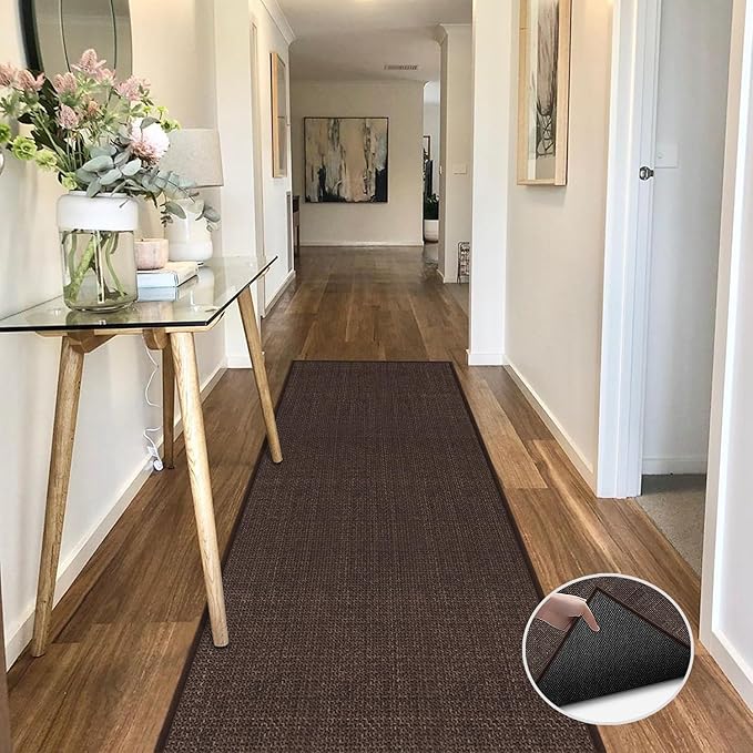 GOYLSER Jute Runner Rug Non Slip Washable, 20 ft Rubber Backed Absorbent Laundry Rugs Laundry Room Runner, Deep Brown Long Hallway Rug