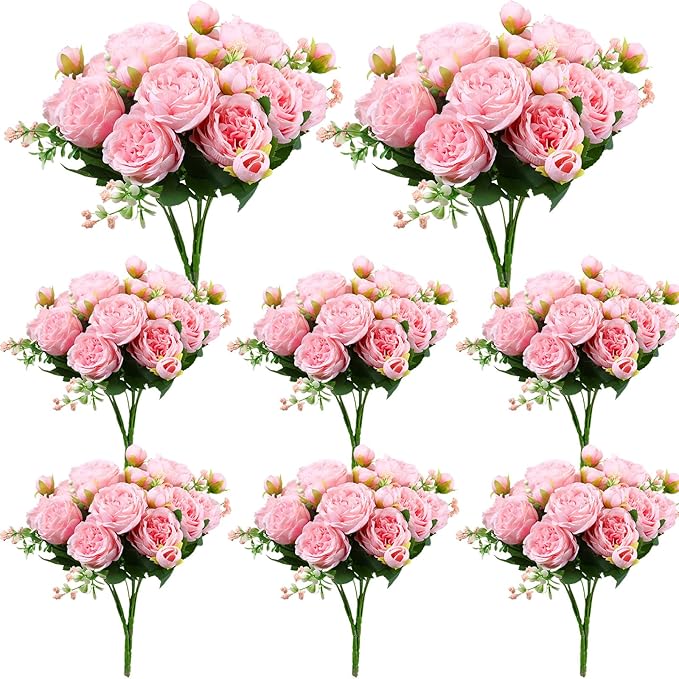 Geosar 8 Bundles Artificial Peonies Flowers Fake Silk Peony Bouquet Faux Peonies Flowers Bulk for Decoration Vase Florals Arrangements Wedding Party Table (Pink)