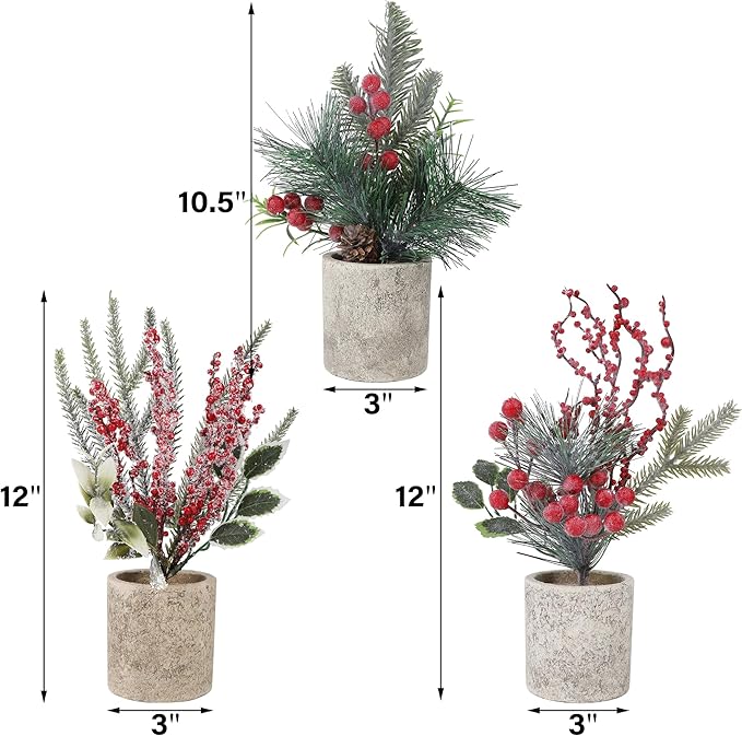 winemana Mini Christmas Tree Table Decorations Indoor, 3 Pcs Small Artificial Xmas Trees Decoration with Red Berries Pine Cone for Centerpiece Kitchen Office Tabletop Home Holiday Decor