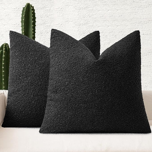 MIULEE 24x24 Decorative Euro Sham Throw Pillows for Bed Set of 2 Textured Boucle Neutral Throw Pillow Coverss Halloween Black Accent Solid Couch Pillowcase Cozy Soft Sofa Livingroom Home Decor
