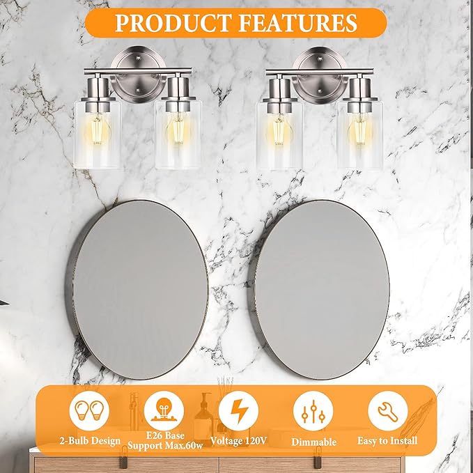 Brushed Nickel 2-Light Bathroom Lighting Fixtures Over Mirror - Brushed Nickel 2 Light Vanity Lights for Bathroom, 2-Bulb Wall Sconce Over Sink